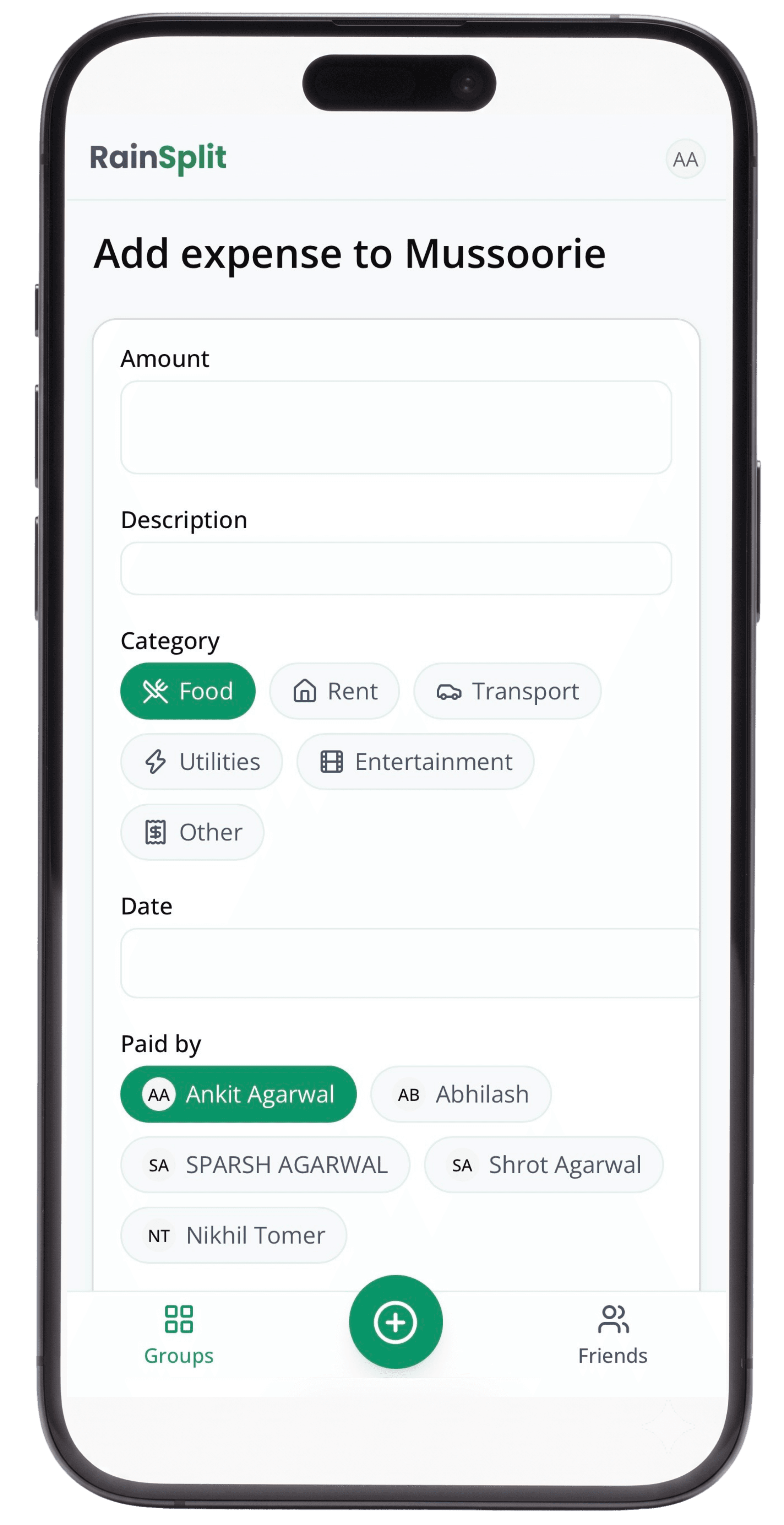 RainSplit add expense screen with amount, description, category chips and a paid by selector
