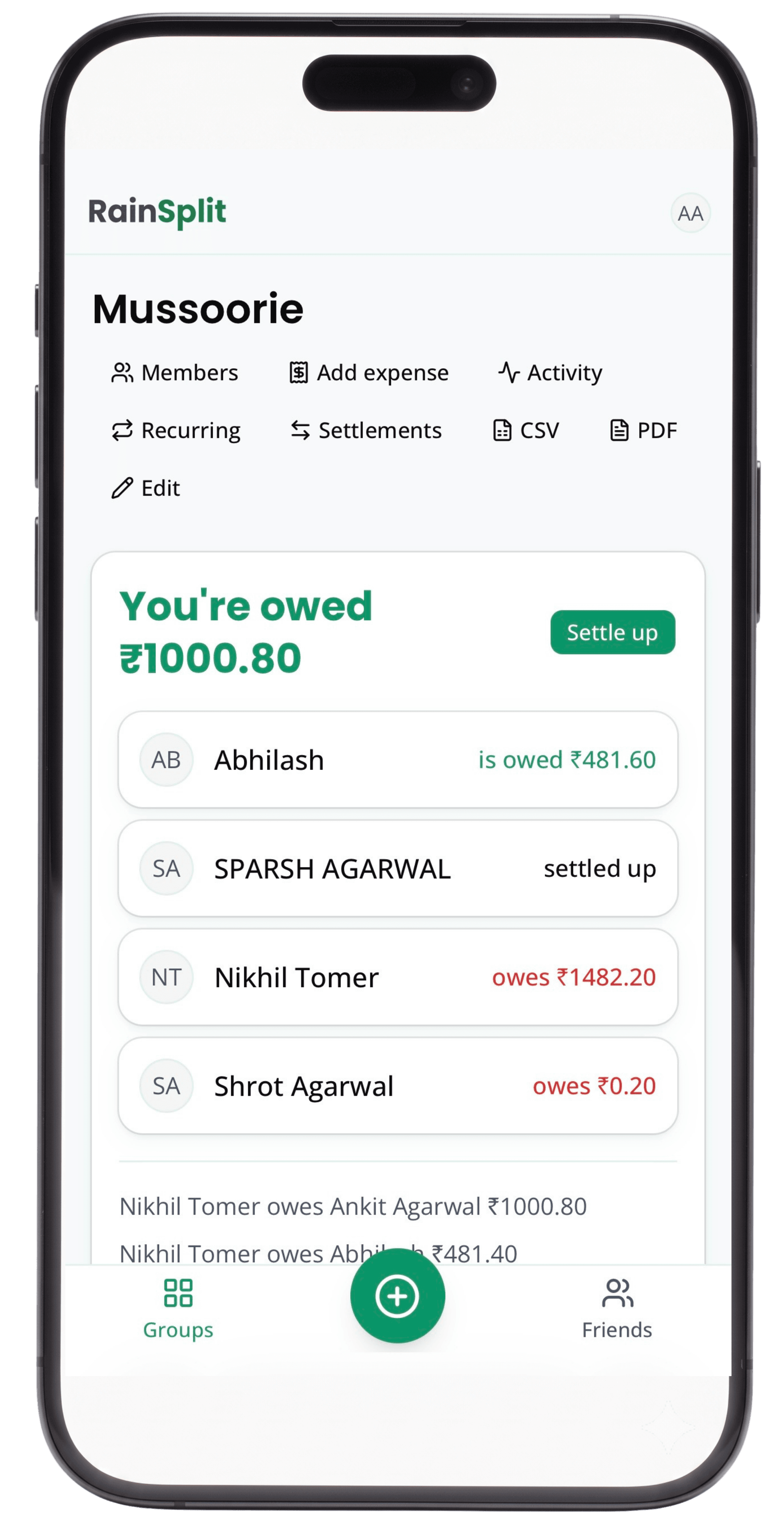 RainSplit app on a phone showing the Mussoorie group with member balances and a settle up button