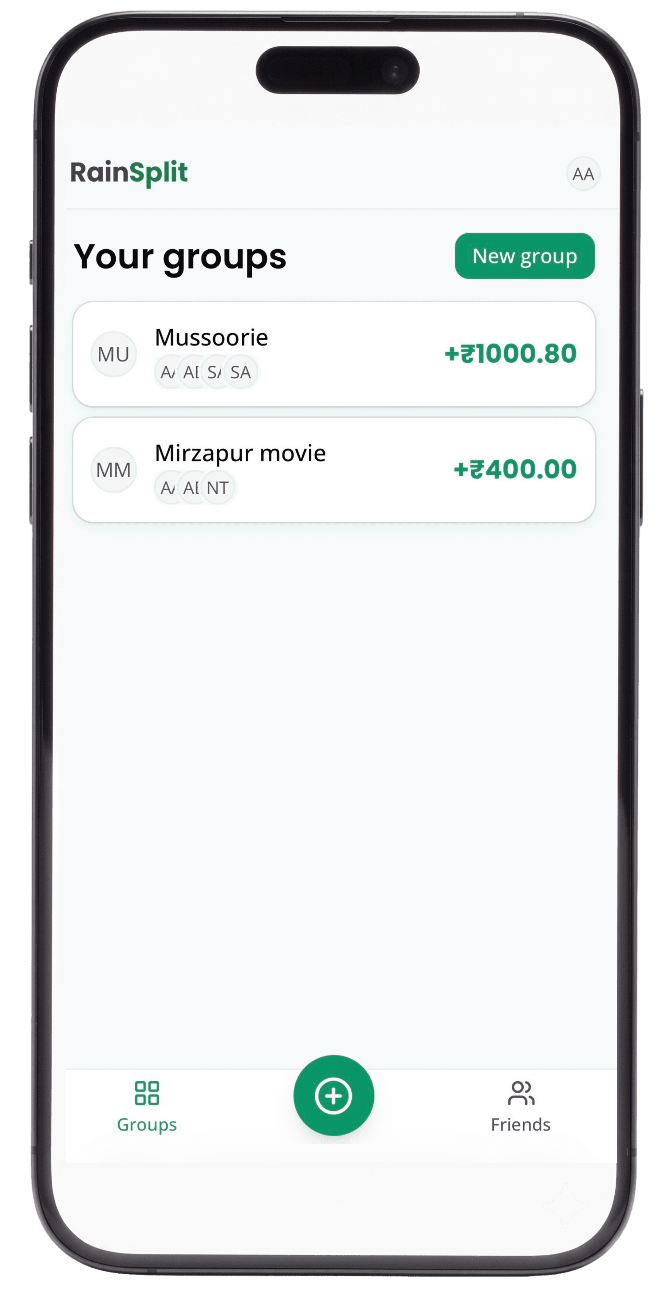 RainSplit groups screen listing the Mussoorie and Mirzapur movie groups with the amount you are owed in each
